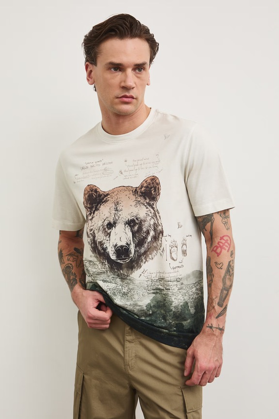 Odzież T-shirt męski bawełniany z elastanem z kolekcji Bieszczadzki Park Narodowy x Medicine RS26-TSM855 beżowy