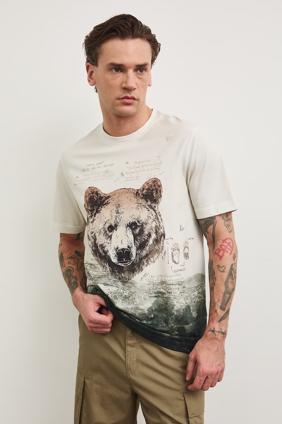 Odzież T-shirt męski bawełniany z elastanem z kolekcji Bieszczadzki Park Narodowy x Medicine RS26-TSM855 beżowy