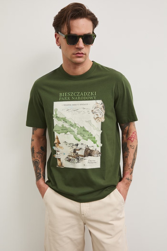 Odzież T-shirt męski bawełniany z kolekcji Bieszczadzki Park Narodowy x Medicine RS26-TSM856 zielony