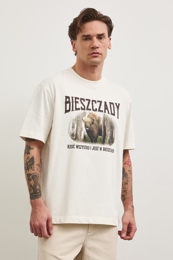 T-shirt męski bawełniany z kolekcji Bieszczadzki Park Narodowy x Medicine RS26-TSM858 beżowy RS26