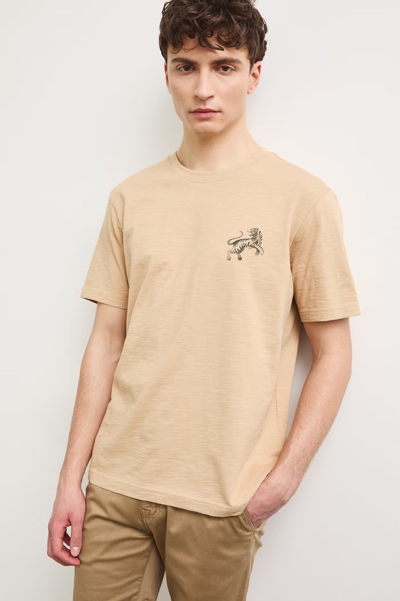 T-shirt męski bawełniany z nadrukiem beżowy RS26-TSM906