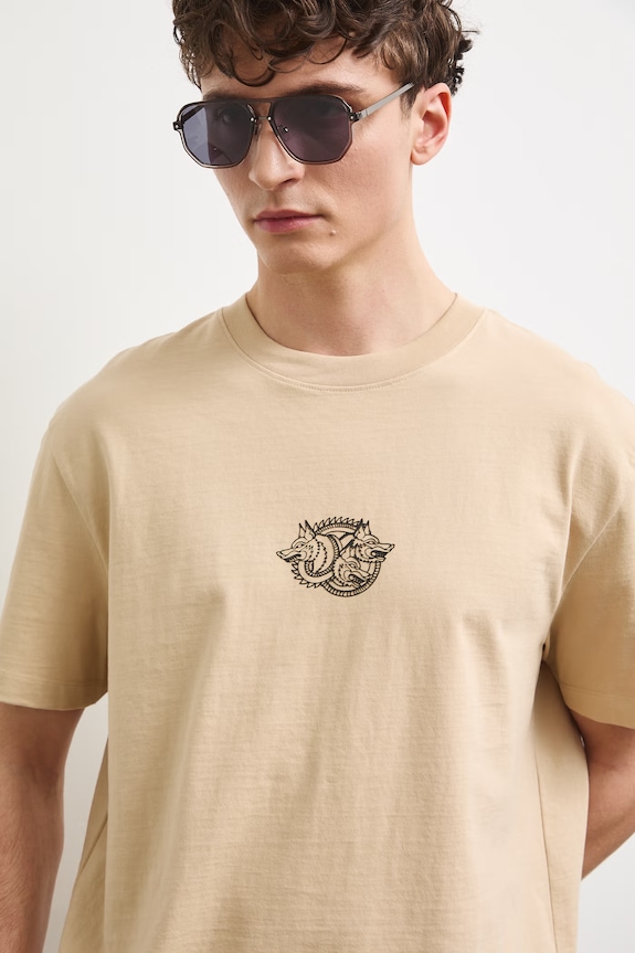 T-shirt męski bawełniany z nadrukiem beżowy RS26-TSM909