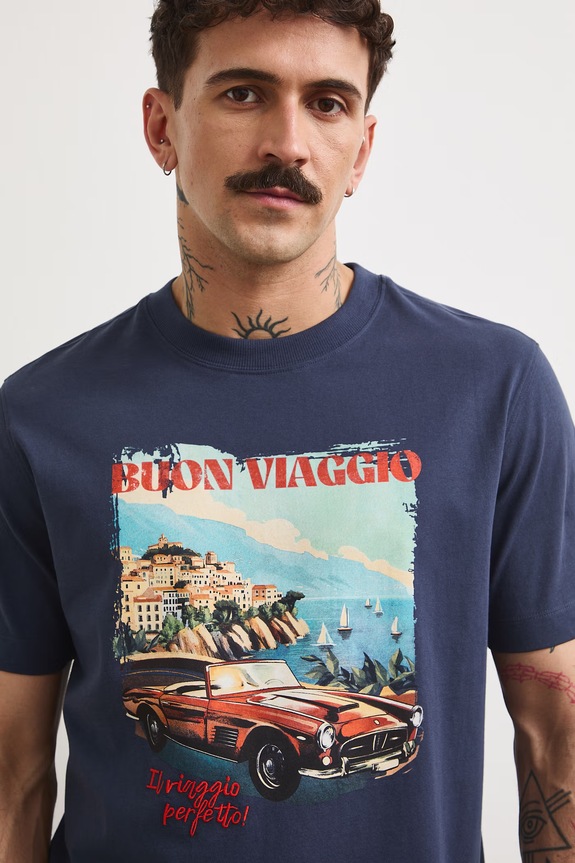 T-shirt męski bawełniany z nadrukiem granatowy RS26-TSMA10