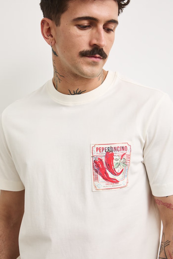 T-shirt męski bawełniany z nadrukiem beżowy RS26-TSMA17