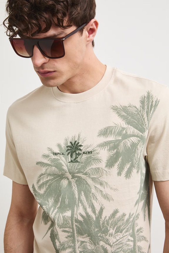 T-shirt męski bawełniany z nadrukiem beżowy RS26-TSMB17