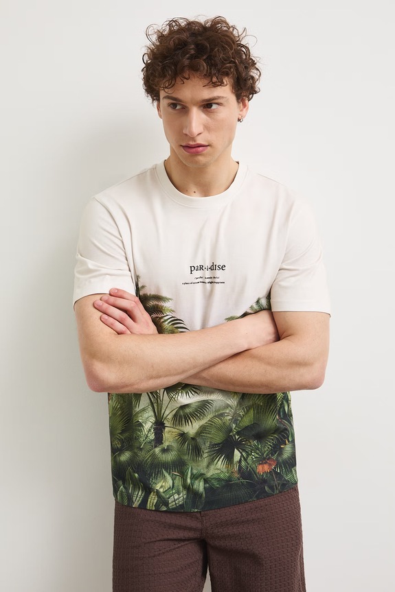 T-shirt męski bawełniany z motywem roślinnym multicolor RS26-TSMB18