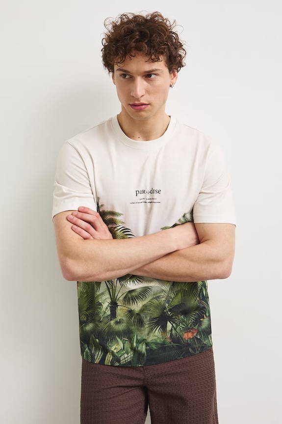 T-shirt męski bawełniany z motywem roślinnym multicolor RS26-TSMB18