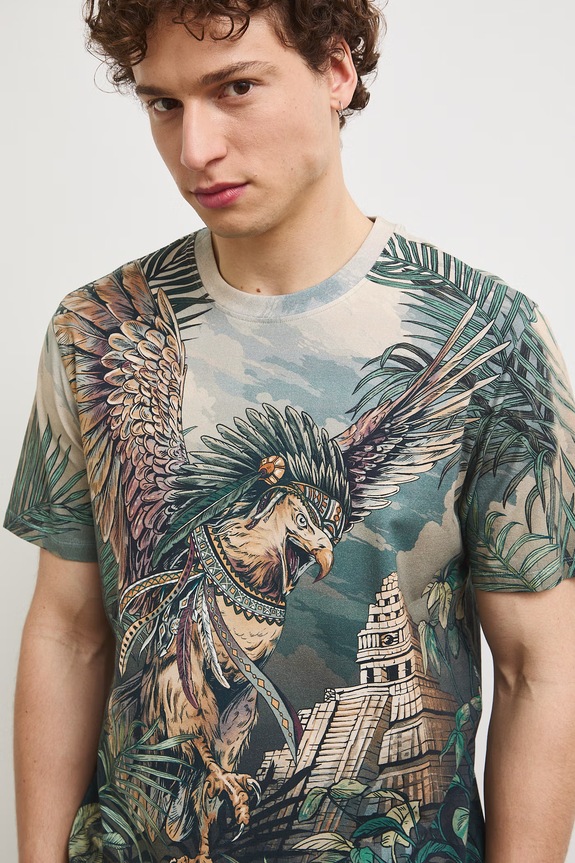 T-shirt męski bawełniany z elastanem z motywem zwierzęcym turkusowy RS26-TSMB23
