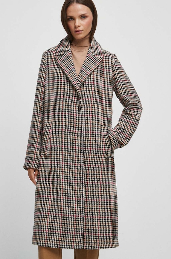 Płaszcz z domieszką wełny damski wzorzysty kolor multicolor RW23.KPD505 multicolor RW23