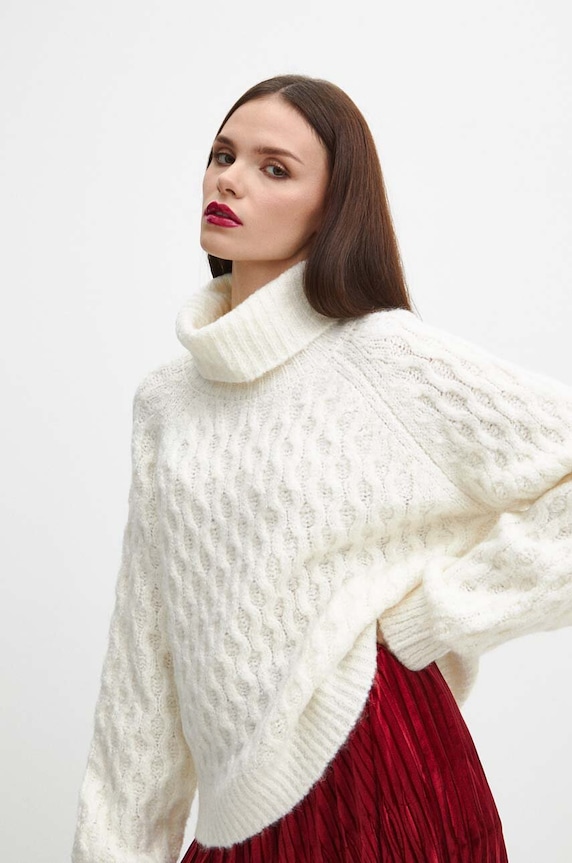 Sweter damski z domieszką wełny kolor beżowy gruba beżowy RW23.SWDB04