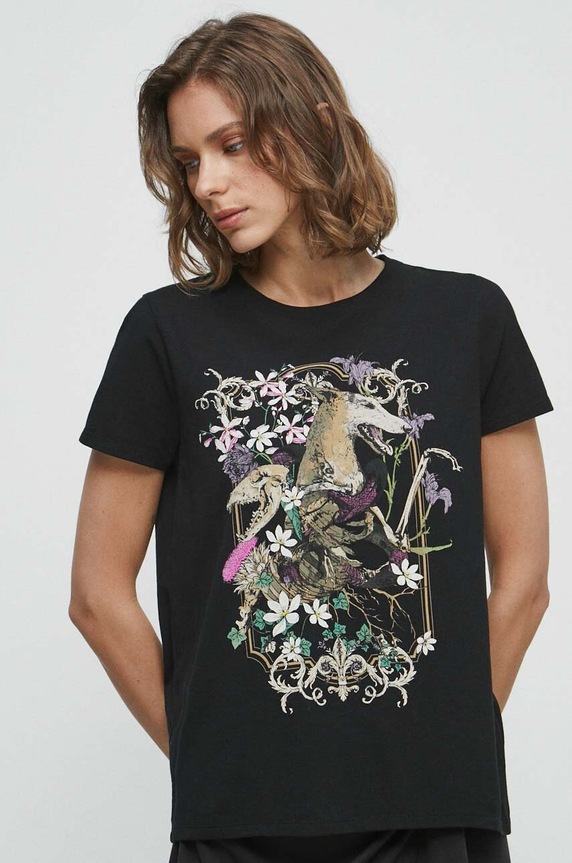 T-shirt bawełniany damski z nadrukiem z kolekcji na Dzień Psa kolor czarny RW23.TSD152 czarny RS23
