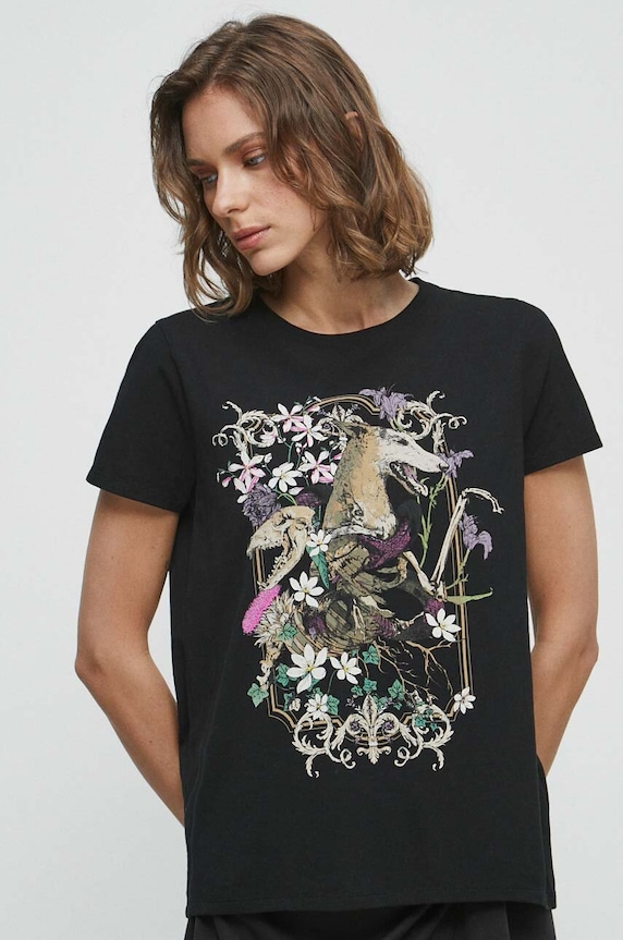 T-shirt bawełniany damski z nadrukiem z kolekcji na Dzień Psa kolor czarny RW23.TSD152 czarny RS23