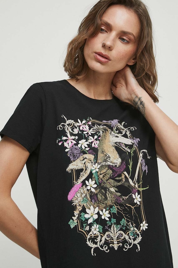 T-shirt bawełniany damski z nadrukiem z kolekcji na Dzień Psa kolor czarny RW23.TSD152 czarny