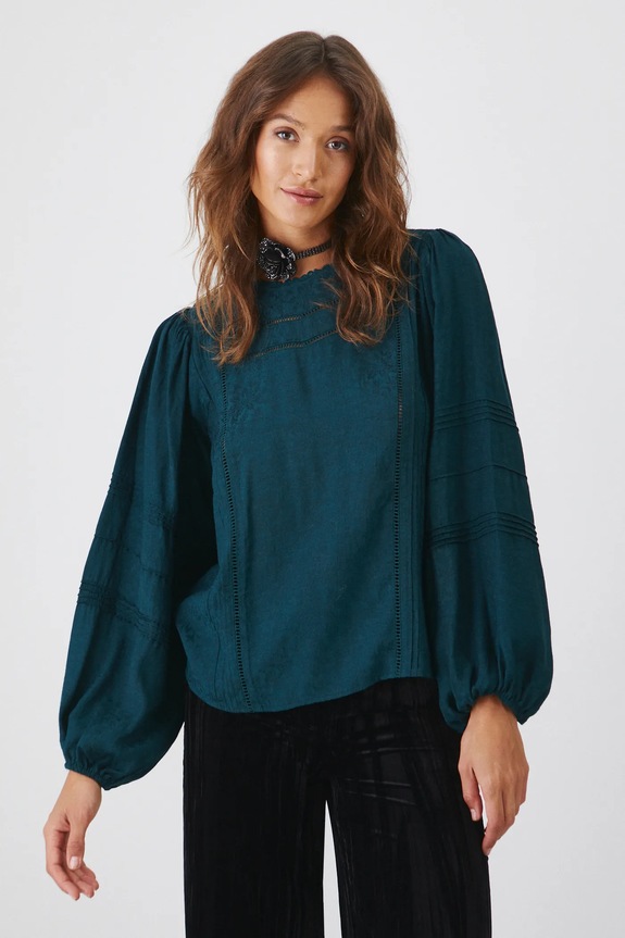 Bluzka damska z ozdobnymi wstawkami kolor zielony turkusowy RW24-BDDA05