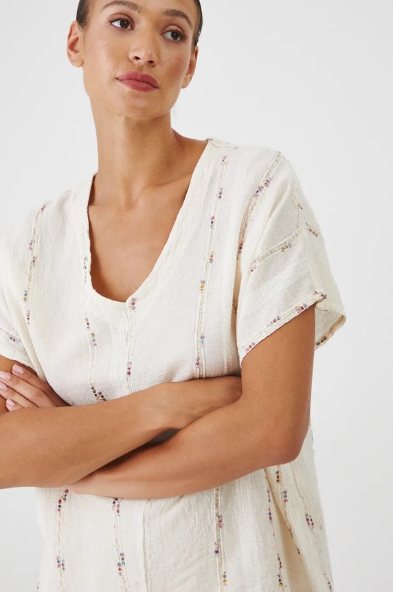 Bluzka z lnem damska oversize z fakturą kolor beżowy beżowy RW24-BKD570