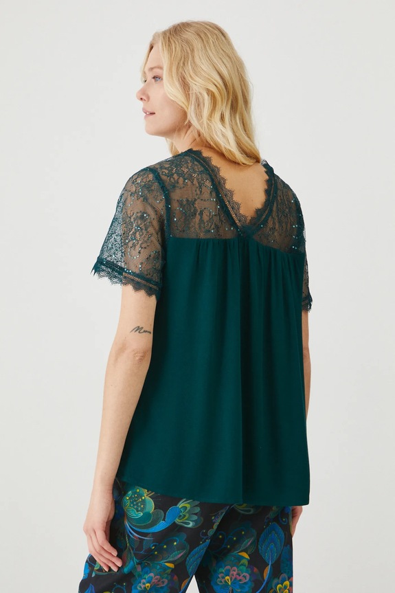 Odzież Bluzka damska z koronkowymi wstawkami kolor zielony RW24-BKDB01 zielony