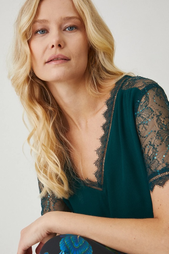 Bluzka damska z koronkowymi wstawkami kolor zielony zielony RW24-BKDB01