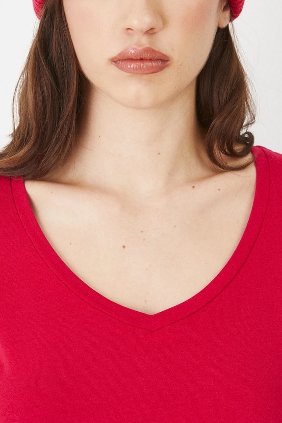 Bavlnené tričko s dlhým rukávom s prímesou elastanu červená farba červená RW24-BUD060