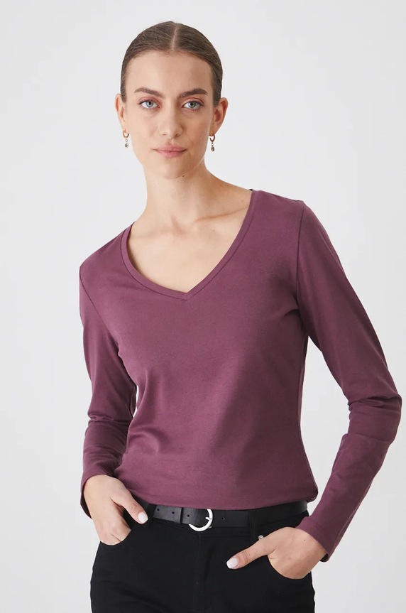 Longsleeve bawełniany damski z domieszką elastanu kolor fioletowy RW24-BUD060 fioletowy RW24
