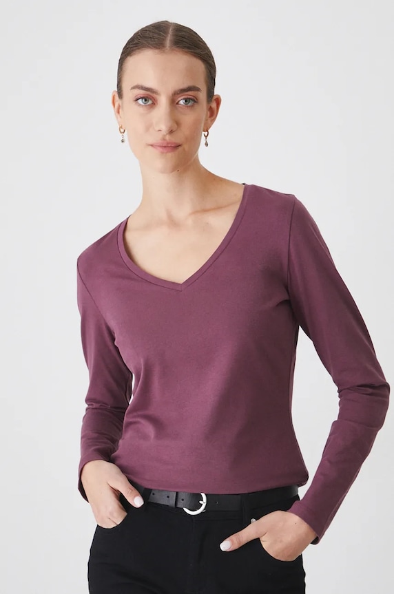 Longsleeve bawełniany damski z domieszką elastanu kolor fioletowy RW24-BUD060 fioletowy RW24