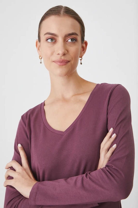 Longsleeve bawełniany damski z domieszką elastanu kolor fioletowy fioletowy RW24-BUD060