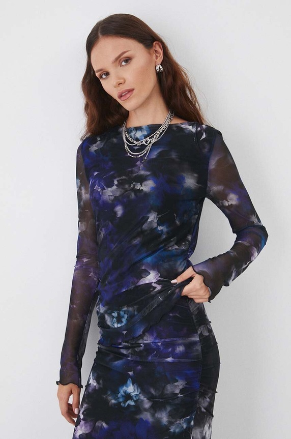 Longsleeve damski z domieszką elastanu wzorzysty kolor beżowy z elastanem multicolor RW24-BUD502