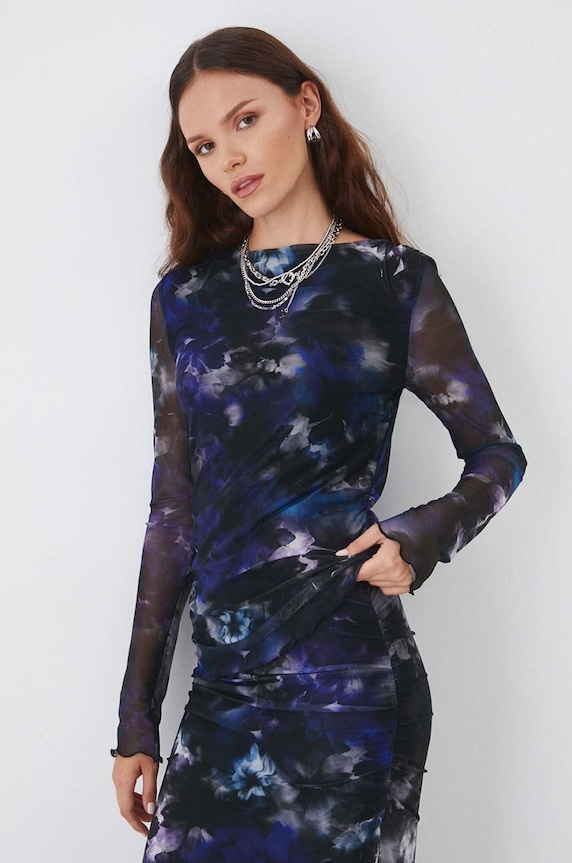Longsleeve damski z domieszką elastanu wzorzysty kolor beżowy z elastanem multicolor RW24-BUD502