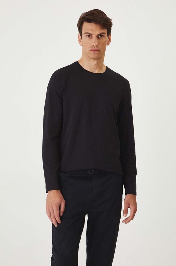 Longsleeve bawełniany męski z domieszką elastanu gładki kolor czarny gładkie czarny RW24-BUM030
