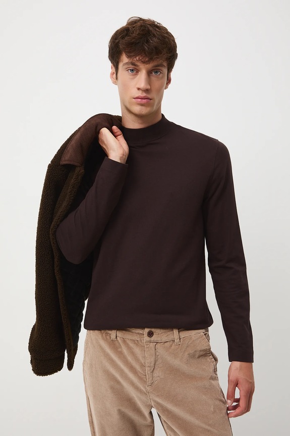 Longsleeve bawełniany męski z domieszką elastanu gładki kolor brązowy z elastanem brązowy RW24-BUM060