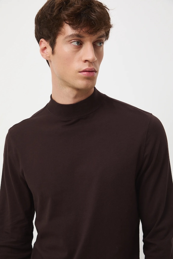Longsleeve bawełniany męski z domieszką elastanu gładki kolor brązowy brązowy RW24-BUM060