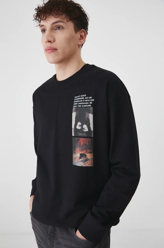 Longsleeve męski z kolekcji Zdzisław Beksiński x Medicine kolor czarny okrągły czarny RW24-BUM850