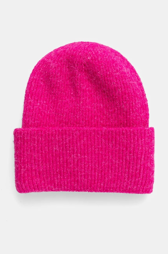 Czapka z domieszką wełny damska beanie kolor różowy średniej grubości różowy RW24-CAD702