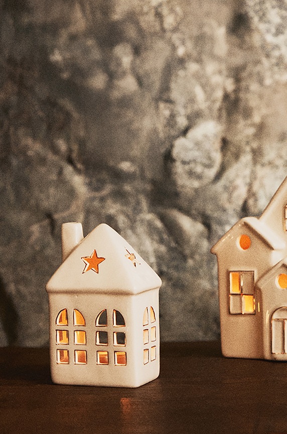 Lampion świąteczny gliniany - domek kolor beżowy beżowy RW24-DEUA27