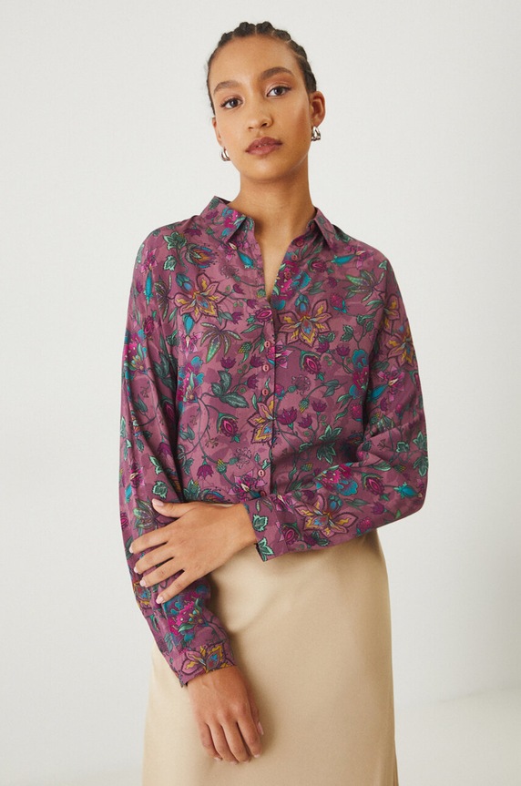 Koszula damska oversize w kwiaty kolor różowy długi różowy RW24-KDD030