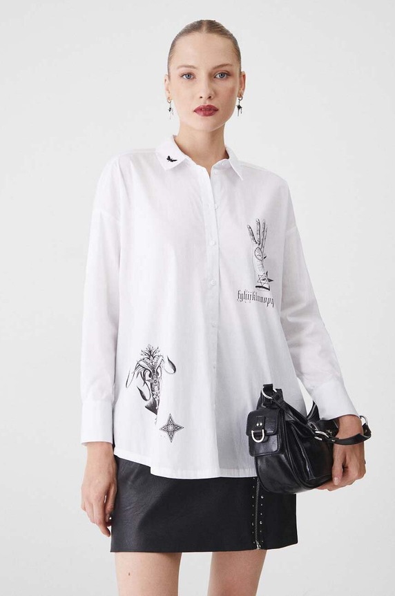 Koszula damska oversize z nadrukiem kolor biały casual biały RW24-KDD501
