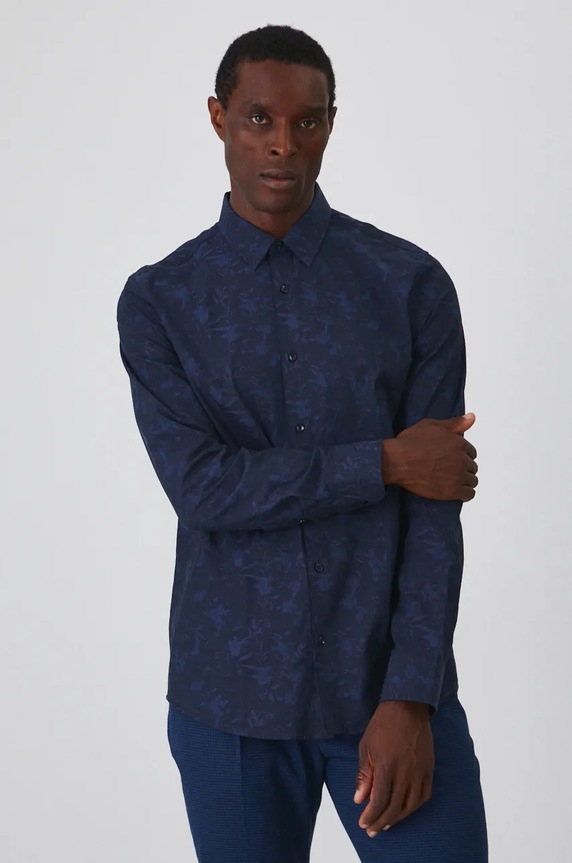 Koszula męska z kołnierzykiem klasycznym wzorzysta kolor granatowy wzorzyste granatowy RW24-KDMA14