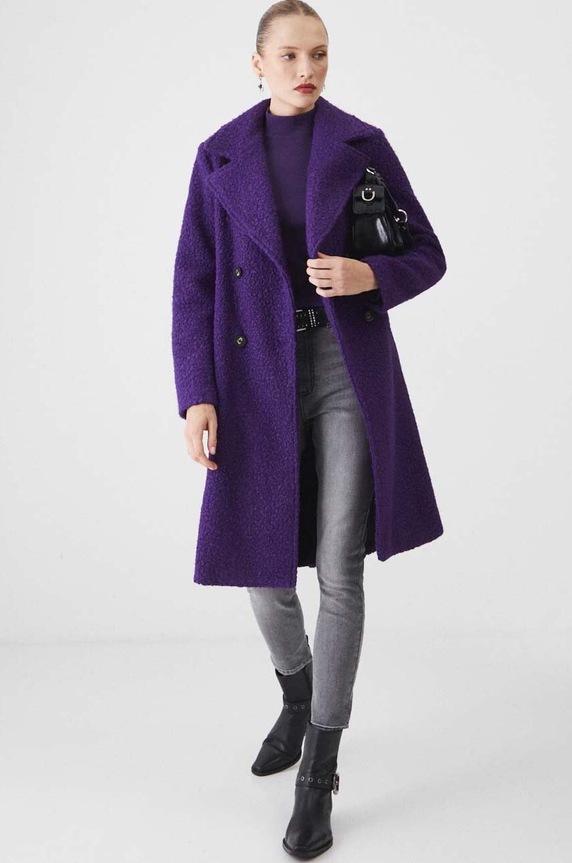 Płaszcz damski dwurzędowy z fakturą kolor fioletowy RW24-KPD501 fioletowy RW24