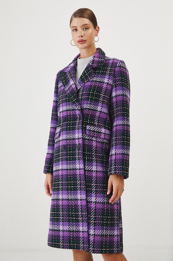 Płaszcz z domieszką wełny damski w kratę kolor multicolor nieocieplane multicolor RW24-KPD502