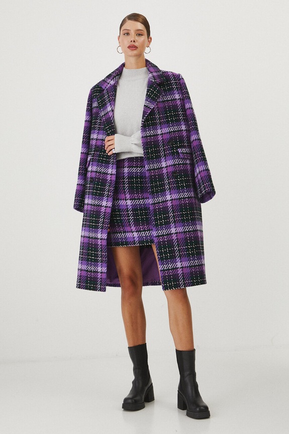 Płaszcz z domieszką wełny damski w kratę kolor multicolor RW24-KPD502 multicolor RW24
