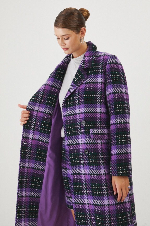 Płaszcz z domieszką wełny damski w kratę kolor multicolor RW24-KPD502