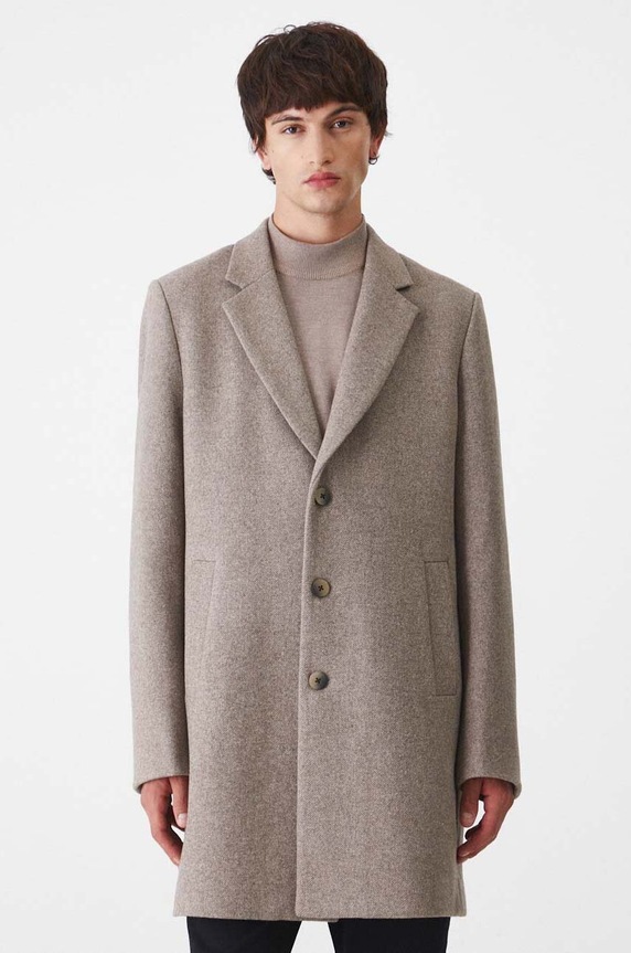 Płaszcz z domieszką wełny męski kolor beżowy nieocieplane beżowy RW24-KPM501
