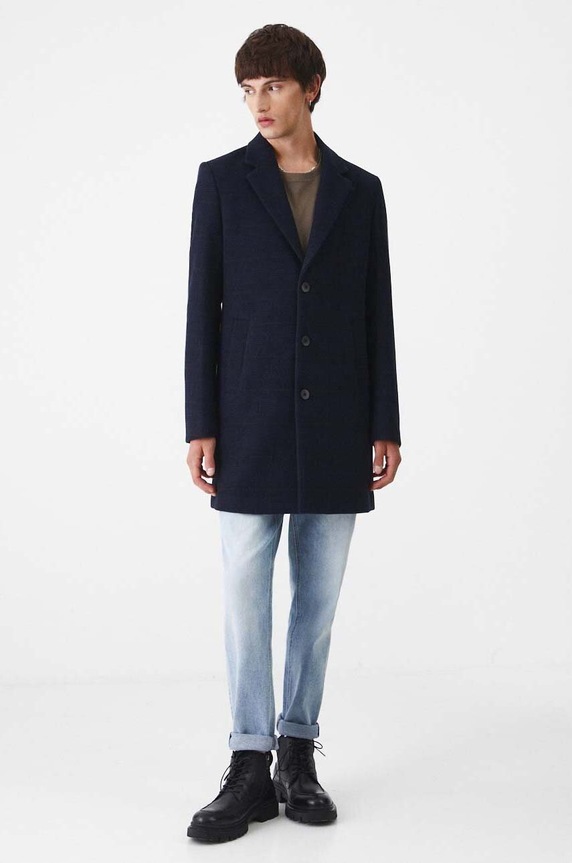 Płaszcz z domieszką wełny męski kolor granatowy RW24-KPM501 granatowy RW24
