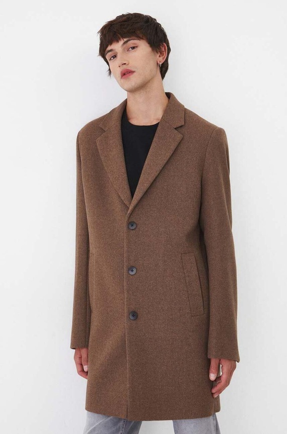 Płaszcz z domieszką wełny męski kolor brązowy nieocieplane brązowy RW24-KPM501
