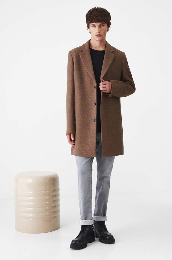 Płaszcz z domieszką wełny męski kolor brązowy RW24-KPM501 brązowy RW24