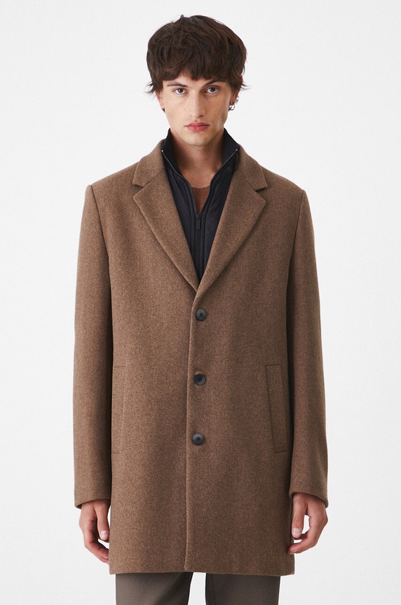 Płaszcz z domieszką wełny męski melanżowy kolor brązowy pozostałe brązowy RW24-KPM506