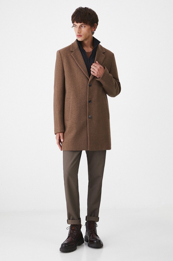 Płaszcz z domieszką wełny męski melanżowy kolor brązowy RW24-KPM506 brązowy RW24