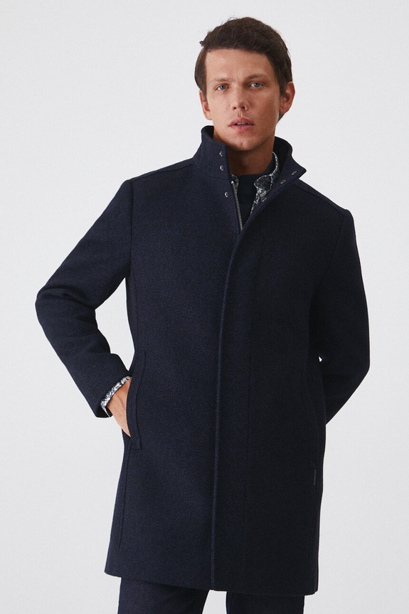 Płaszcz z wełną męski melanżowy kolor granatowy RW24-KPM604 granatowy RW24