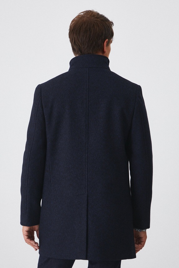 Płaszcz z wełną męski melanżowy kolor granatowy granatowy RW24-KPM604