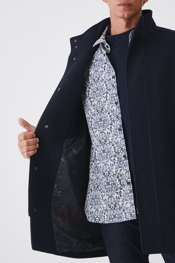 Płaszcz z wełną męski melanżowy kolor granatowy RW24-KPM604