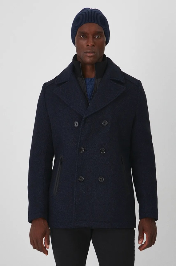 Płaszcz z wełną męski melanżowy kolor granatowy lekko ocieplane granatowy RW24-KPM700